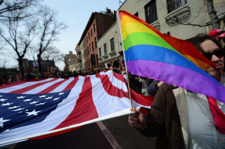 Marriage equality supporters take part in a march and rally ahead of US Supreme Court arguments on legalizing same-sex marriage in New York on March 24, 2013. The US Supreme Court will consider the divisive issue of legalizing same-sex marriage, in a hotly anticipated hearing on March 26 and 27 that could have historic consequences for American family life. The Supreme Court will hear oral arguments on two cases related to the right to marry. These two cases, which concern the discriminatory Defense of Marriage Act (DOMA) and California’s Proposition 8, are fundamentally about whether gay and lesbian Americans can enjoy the same freedoms and opportunities as everyone else. AFP PHOTO/Emmanuel Dunand (Photo credit should read EMMANUEL DUNAND/AFP/Getty Images)