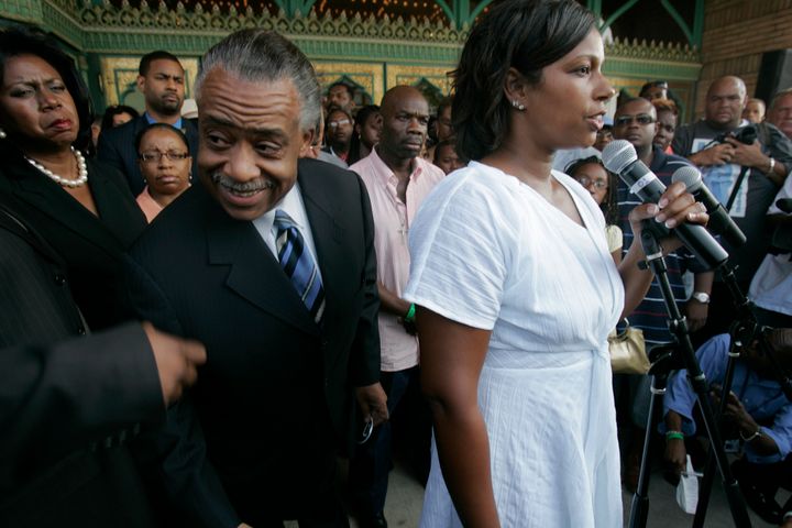 Jeri Wright (right) joins Rev. Al Sharpton at the Regal Theater in Chicago, Illinois, on Wednesday, August 1, 2007, to announce a chapter of Sharpton's National Action Network would open in Chicago. Jeri Wright will be the president of the Chicago chapter. (Photo by Terrence Antonio James/Chicago Tribune/MCT via Getty Images)