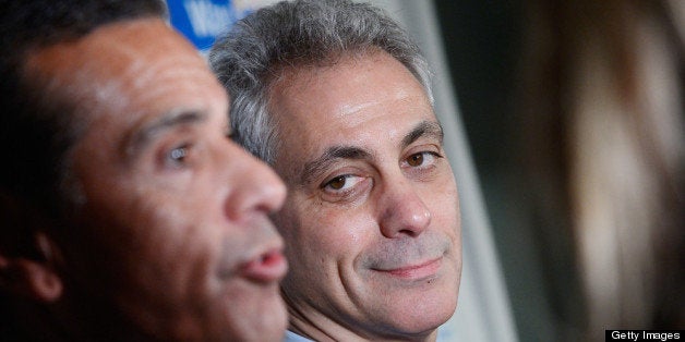 LOS ANGELES, CA - FEBRUARY 27: Rahm Emanuel, (R) Mayor of Chicago, listens as Antonio Villaraigosa, Mayor of Los Angeles, sp