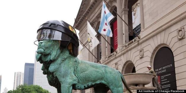 Art Institute of Chicago lions strap on Blackhawks helmets