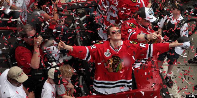 The Chicago Blackhawks' Tomas Kopecky soaks up the atmosphere during the Blackhawks Stanley Cup victory parade in Chicago, Illinois, Friday, June 11, 2010. (Nancy Stone/Chicago Tribune/MCT via Getty Images)
