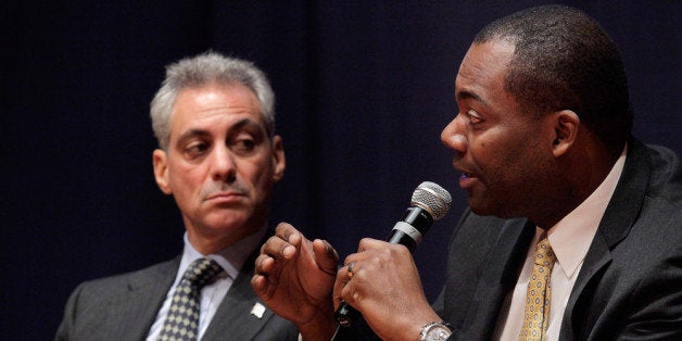 WASHINGTON, DC - MARCH 02: Chicago Mayor Rahm Emanuel (L) listens to Chicago Public Schools CEO Jean-Claude Brizard while participating in a forum about education in big cities at the Katzen Arts Center on the campus of American University March 2, 2012 in Washington, DC. Calling their municipalities 'city-states,' Emanuel, Los Angeles Mayor Antonio Villaraigosa and New York Mayor Michael Bloomberg supported the idea of individual school districts being able to compete with states for the $4.35 billion 'Race to the Top' grant program created by President Barack Obama. (Photo by Chip Somodevilla/Getty Images)