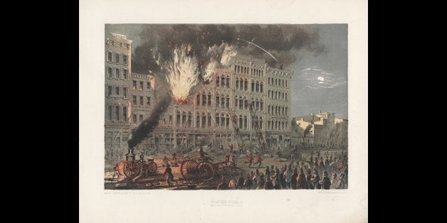 Lithograph (after drawing by Louis Kurz) of a building on fire on Lake Street (between Market and Franklin Streets) during th