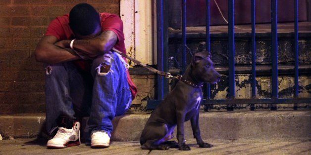 A young man shows the stress and emotion as he sits with his dog at 51st and Wood St. after multiple shooting victims are attended to at Cornell Square Park in Chicago, September 19, 2013. (Phil Velasquez/Chicago Tribune/MCT via Getty Images)