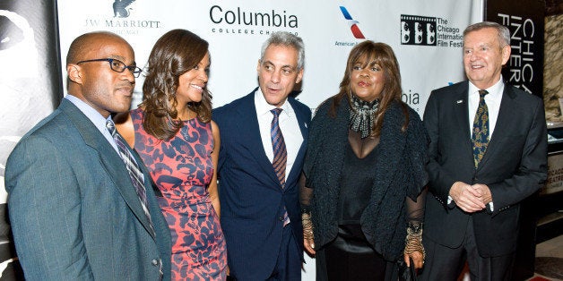 CHICAGO, IL - OCTOBER 10: Daniel Jackson, Sonia Evans, Chicago Mayor Rahm Emanuel, Chaz Ebert, and Festival Founder Michael Kutza attend 'The Immigrant' opening night premiere and tribute to Roger Ebert at Chicago Theatre on October 10, 2013 in Chicago, Illinois. (Photo by Timothy Hiatt/Getty Images)