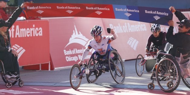 Tatyana McFadden, of Champaign, Illinois, wins the women's wheelchair division of the Bank of America Chicago Marathon in Chi