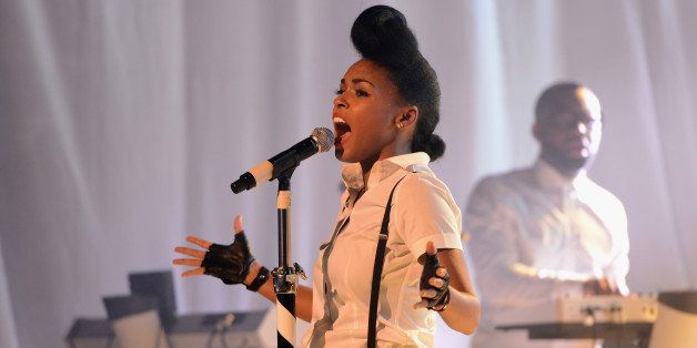 CHICAGO, IL - OCTOBER 21: Janelle Monae performs on stage at The Vic Theater on October 21, 2013 in Chicago, Illinois. (Photo by Daniel Boczarski/Redferns via Getty Images)