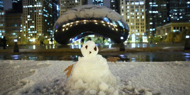 CHICAGO, IL - NOVEMBER 11: A small snowman sits on a table in Mllennium Park on November 11, 2013 in Chicago, Illinois. The snowfall was the first of the season for the city. (Photo by Scott Olson/Getty Images)
