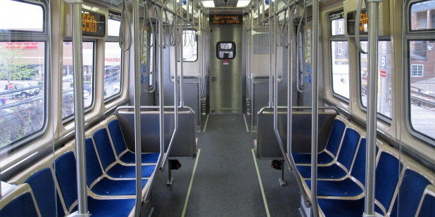 Interior of car #5005, part of CTA's new 5000-series railcars.
Interior features longitudal seating using the same decades