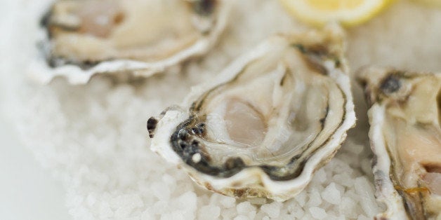 close-up of oysters served on crushed ice