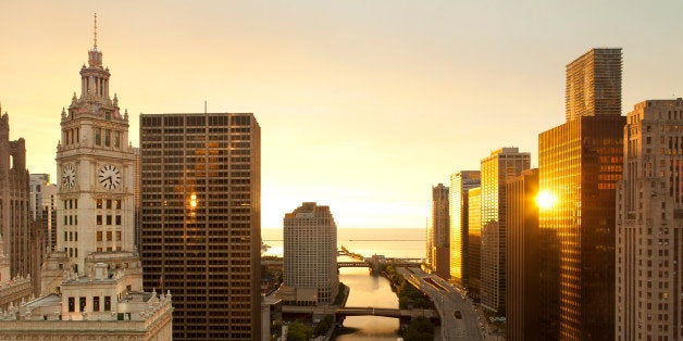 Sunrise along the river in downtown Chicago.