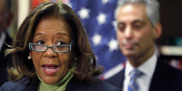 FILE - In this Oct. 12, 2012 file photo, Chicago Public Schools CEO Barbara Byrd-Bennett speaks at a news conference in Chicago as Chicago Mayor Rahm Emanuel looks on. Illinois State Rep. Sandy Pihos R-GlenEllyn, has proposed doing away with a unique arrangement under which Chicago Public Schools received $235 million more in state grant money in a single school year than it would have if it were held to the same standard as every other district in the state. Bennett said Pihosâ legislation âdeflects responsibility from the core issue Springfield must tackle to provide fair funding to every school in Illinois _ comprehensive pension reform.â(AP Photo/M. Spencer Green, File)