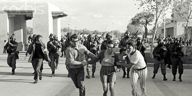 May 1970, Albuquerque, New Mexico, USA --- Following the May 4, 1970 shooting of students at Kent State University students at UNM took over the student union building. After several days of the occupation the National Guard were called upon to clear the students from the building. --- Image by Â© Steven Clevenger/Corbis/Corbis