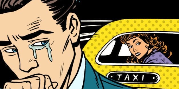 A man weeps his woman is leaving by taxi. Divorce separation love emotion crying