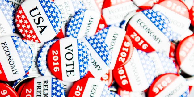 Close up of Vote 2016 election buttons, with red, white, blue and stars and stripes.