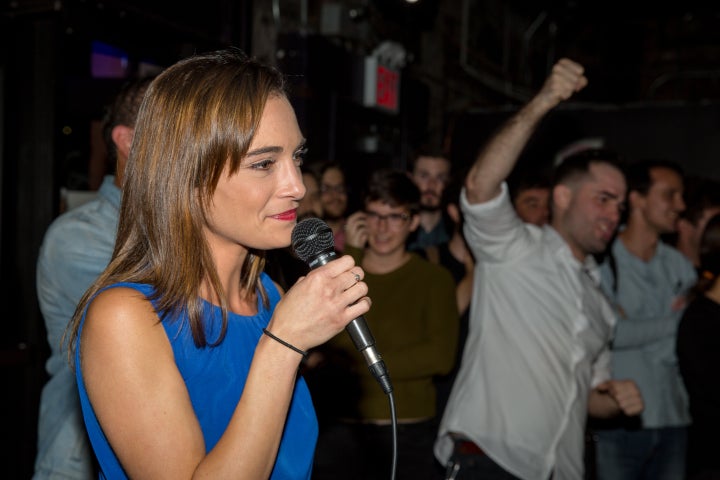Julia Salazar celebrates her primary election win in September.