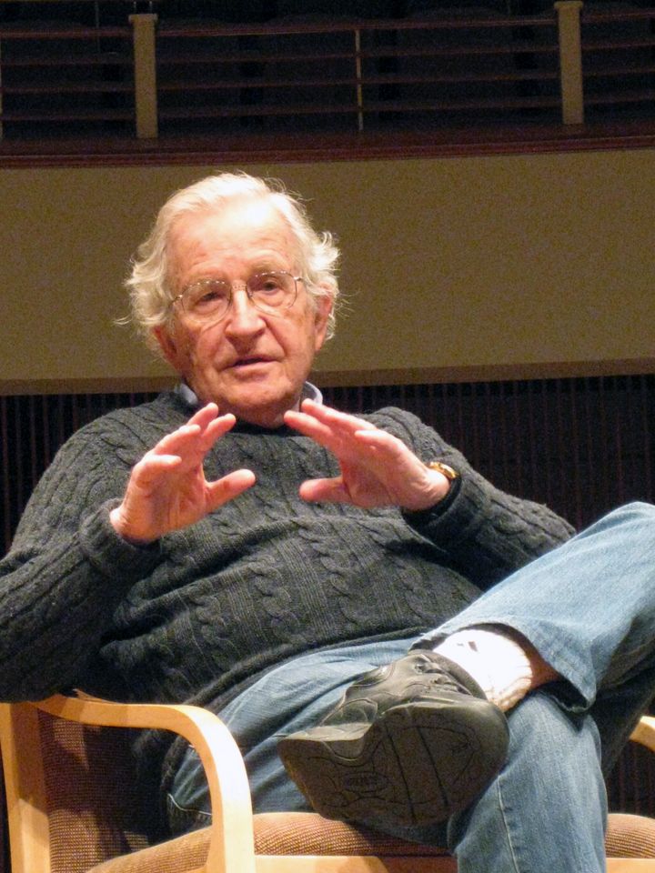 MIT linguistic professor and iconoclastic intellectual and political activist Noam Chomsky, 83, delivers a Dean's lecture at the University of Maryland in College Park on January 27, 2012.The lecture which lasted two hours drew some 900 students at the Clarice Smith Performing Arts Center. AFP PHOTO/VIRGINIE MONTET (Photo credit should read Virginie Montet/AFP/Getty Images)