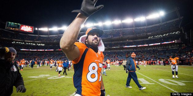 DENVER, CO - DECEMBER 30: Wide receiver Eric Decker #87 of the Denver Broncos waves to fans after a game against the Kansas City Chiefs at Sports Authority Field Field at Mile High on December 30, 2012 in Denver, Colorado. The Broncos defeated the Chiefs 38-3. (Photo by Dustin Bradford/Getty Images)