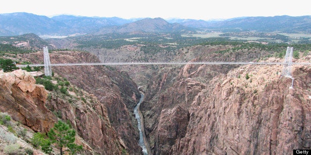 USA, Colorado, bridge spanning Royal Gorge in Pikes Peak area of Rocky Mountains