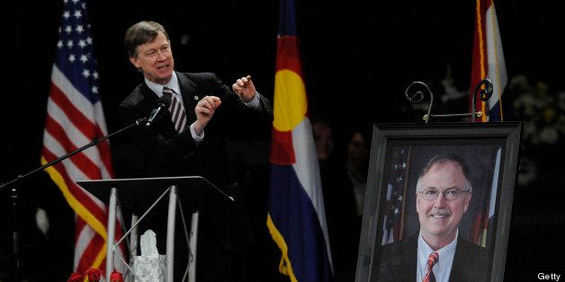 Colorado Gov. John Hickenlooper speaks about his cabinet member and friend, Tom Clements. The public memorial for the chief executive of the Department of Corrections was held at New Life Church in Colorado Springs, Colorado, Monday, March 25, 2013. (Jerilee Bennett/Colorado Springs Gazette/MCT via Getty Images)
