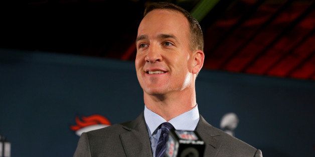 JERSEY CITY, NJ - JANUARY 26: Starting quarterback Peyton Manning of the Denver Broncos addresses the media on January 26, 2014 in Jersey City, New Jersey. (Photo by Elsa/Getty Images)
