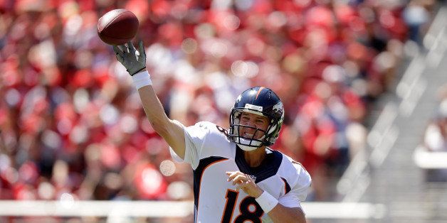 SANTA CLARA, CA - AUGUST 17: Quarterback Peyton Manning #18 of the Denver Broncos passes against the San Francisco 49ers during a preseason game at Levi's Stadium on August 17, 2014 in Santa Clara, California. (Photo by Ezra Shaw/Getty Images)
