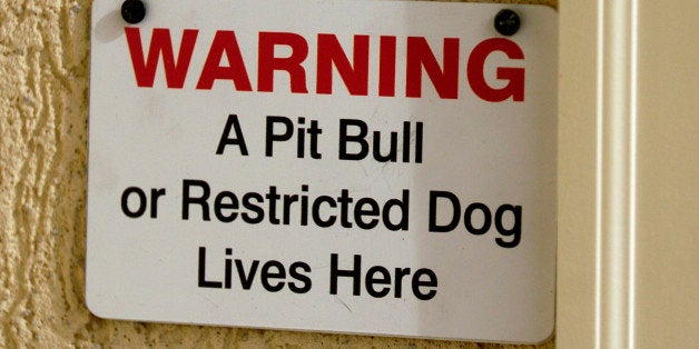 AURORA , CO 1-27-05 -- Pit-bull owner Wayne Forst has complied with all the city ordinances to keep his dog Lazerus in his home, including posting a sign next to his front door. He passed a home inspection by an animal control officer Friday afternoon. (DENVER POST PHOTO BY KARL GEHRING.) (Photo By Karl Gehring/The Denver Post via Getty Images)