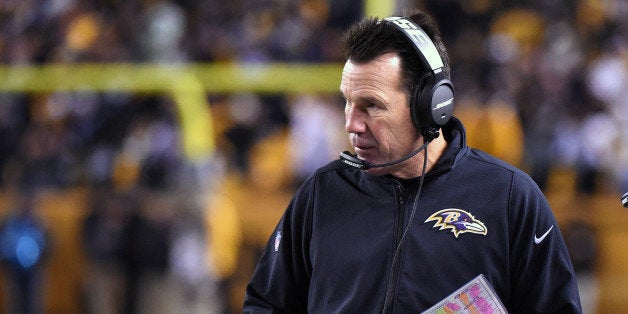 PITTSBURGH, PA - NOVEMBER 2: Offensive coordinator Gary Kubiak of the Baltimore Ravens looks on from the sideline during a g