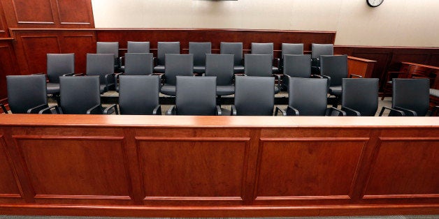 A view of the jury box inside Courtroom 201 on Thursday, Jan. 15, 2015, where jury selection in the trial of Aurora movie theater shootings defendant James Holmes is to begin on Jan. 20 at the Arapahoe County District Court in Centennial, Colo. Jury selection is expected to take several weeks to a few months. (AP Photo/Brennan Linsley, pool)