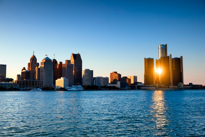 Sunbeam coming through renaissance center buildings in Detroit, MI.