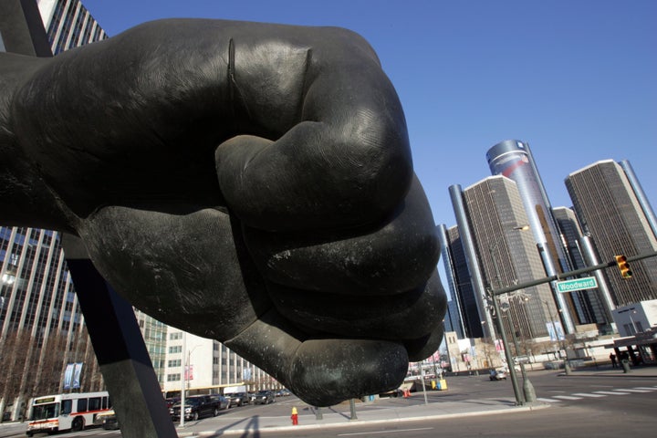 DETROIT - JANUARY 26: The Spirit of Detroit Statue, a scale casting of Joe Louis' fist, welcomes visitors to Detroit as it rests at the intersection of Woodward Avenue and Jefferson Avenue facing Windsor, Ontario, January 26, 2006 in Detroit, Michigan. Detroit will host Super Bowl 40 (XL) on February 5. (Photo by Fabrizio Costantini/Getty Images)