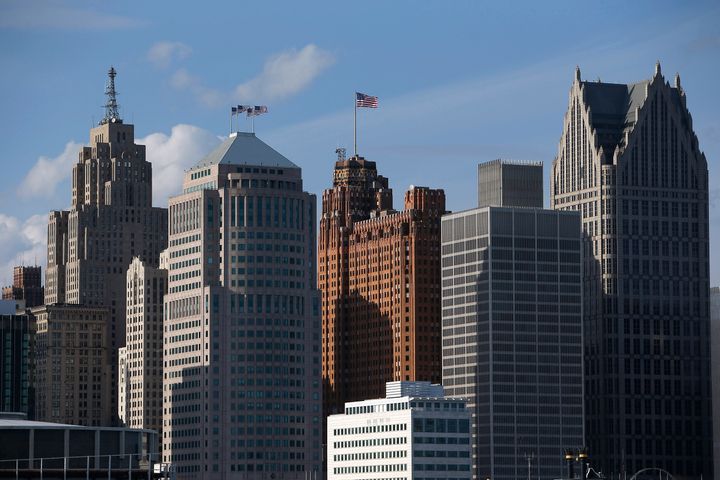 DETROIT, MI - MARCH 31: The Detroit city skyline viewed from Windsor after the Detroit Red Wings NHL game against the Chicago Blackhawks at Joe Louis Arena on March 31, 2013 in Detroit, Michigan. (Photo by Tom Szczerbowski/Getty Images)