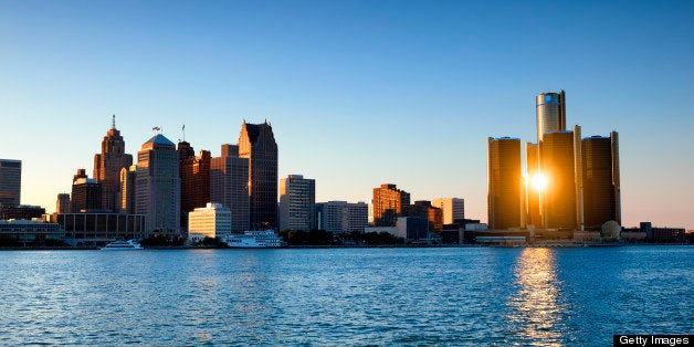 Sunbeam coming through renaissance center buildings in Detroit, MI.