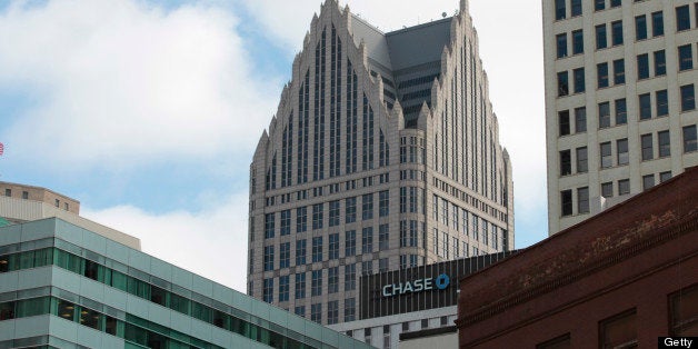 JPMorgan & Chase Co. offices stands in the skyline of Detroit, Michigan, U.S., on Thursday, Feb. 21, 2013. A fiscal emergency grips Detroit, according to a report ordered by Governor Rick Snyder, that opens a path to a state takeover of General Motors Co.?s home town, citing deficits that have stymied city officials after a $326.6 million gap last year. Photographer: Jeff Kowalsky/Bloomberg via Getty Images