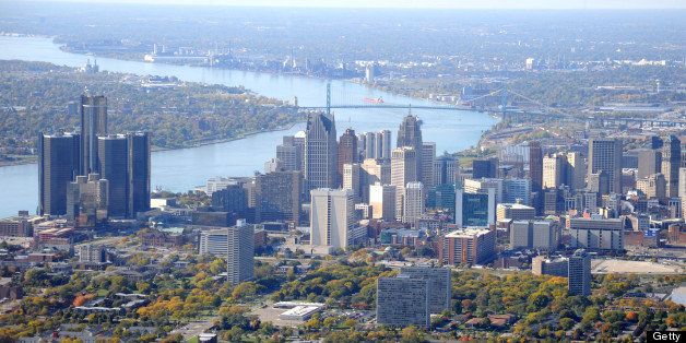 Aerial view of Detroit, Michigan, on the Detroit River, looking south. 
