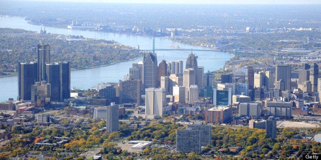 Aerial view of Detroit, Michigan, on the Detroit River, looking south.
