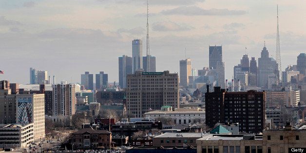 The downtown skyline stands in Detroit, Michigan, U.S., on Thursday, Feb. 21, 2013. A fiscal emergency grips Detroit, according to a report ordered by Governor Rick Snyder, that opens a path to a state takeover of General Motors Co.?s home town, citing deficits that have stymied city officials after a $326.6 million gap last year. Photographer: Jeff Kowalsky/Bloomberg via Getty Images