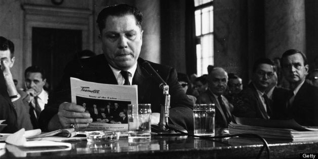 11th August 1958: American labour leader Jimmy Hoffa (1913 - 1975), President of the Teamster's Union, testifying at a hearing into labor rackets. Rumoured to have mafia connections, Hoffa disappeared in 1975 and no body has ever been found. (Photo by Keystone/Getty Images)