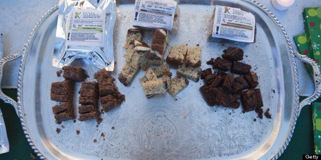 LAYTONVILLE, MENDOCINO COUNTY, CALIFORNIA - DECEMBER 11: Samples of brownies with marijuana await participants on December 11, 2010 in the vending area of the 7th annual Emerauld Cup in Area 101 (name after nearby Highway 101), a new age center where the 7th annual Emerauld Cup is being held. The Oscars of the marijuana world, the Emerald Cup bestows honors on the best medecinal marijuana grown outside (indoor marijuana is not accepted) in the region known as the Emerald Triangle (Mendocino, Humbold and Trinity County), reputed to be the best in the world. 110 growers presented 136 strands, judged on four criterias: appearance, taste, aroma, and potency. A thousand participants attended the festival. Located about four hours north of San Francisco in deeply fotested areas, and bestowed with perfect growing conditions, the Emerald Triangle has become the marijuana capital of the U.S.. Made legal by the Compassionate Use Act, the Emerald Triangle's medecinal marijuana culture generates over 14 billion dollars annualy, about two third of the counties' revenue (photo Gilles Mingasson/Getty Images).
