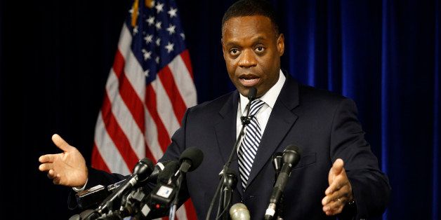 Kevyn Orr, emergency manager for Detroit, speaks at a news conference in Detroit, Michigan, U.S., on Tuesday, Dec. 3, 2013. Detroit can remain under bankruptcy court protection, where it's shielded from lawsuits or other actions that might interfere with its attempts to reduce debt and cut employee benefits. Photographer: Jeff Kowalsky/Bloomberg via Getty Images 