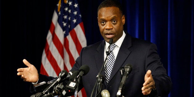 Kevyn Orr, emergency manager for Detroit, speaks at a news conference in Detroit, Michigan, U.S., on Tuesday, Dec. 3, 2013. Detroit can remain under bankruptcy court protection, where it's shielded from lawsuits or other actions that might interfere with its attempts to reduce debt and cut employee benefits. Photographer: Jeff Kowalsky/Bloomberg via Getty Images