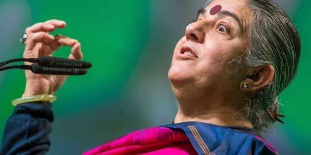 Indian environmental activist Vandana Shiva addresses a party congress of the German Green party in Hamburg, northern Germany