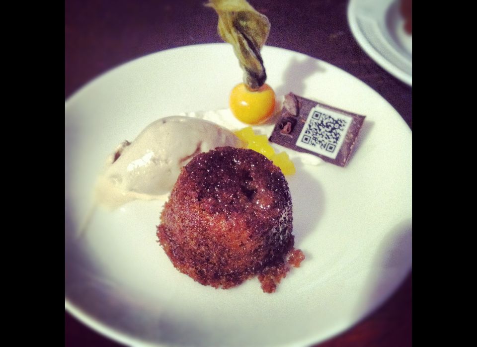 Sticky Toffee Pudding--with a QR Code--from Wolfgang Puck Catering