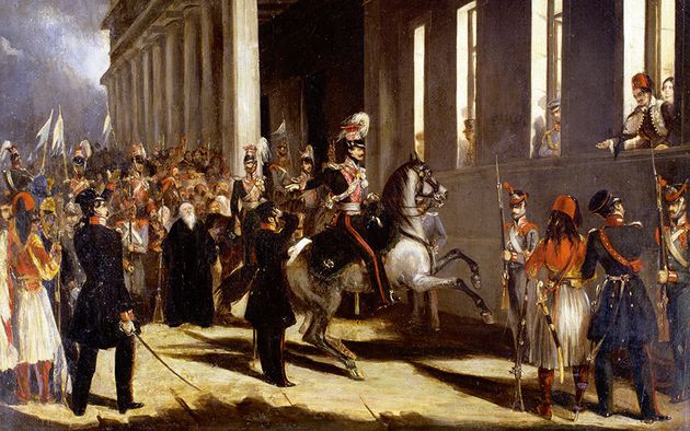 Η επανάσταση της 3ης Σεπτεμβρίου. Διακρίνεται έφιππος ο Δημήτριος Καλλέργης Πίνακας άγνωστου ζωγράφου του 19ου αιώνα. Συλλογή Λ. Ευταξία, Μουσείο της Πόλεως των Αθηνών, Αθήνα. Με τον όρο επανάσταση της 3ης Σεπτεμβρίου περιγράφονται τα γεγονότα του 1843, τα οποία κατέληξαν στην παραχώρηση συντάγματος από τον Όθωνα﻿ και στη μετάβαση της Ελληνικής πολιτείας από την απόλυτη μοναρχία στη συνταγματική μοναρχία.