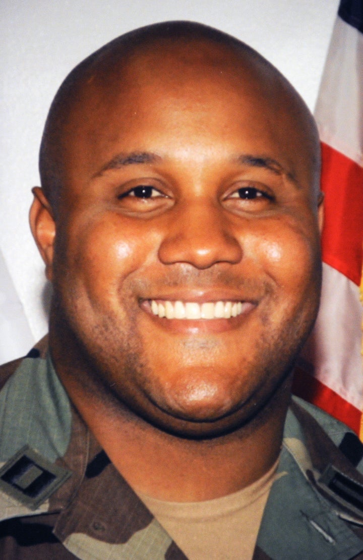 (FILES): This undated photograph shows fired Los Angeles Police Department (LAPD) officer Christopher Dorner wearing a military uniform on display at a press conference regarding the manhunt for Dorner at LADP headquarters in Los Angeles February 7, 2013. Human remains found in a burnt-out mountain cabin in California have been confirmed as those of alleged cop-killer Christopher Dorner, the local sheriff and coroner's office said February 14, 2013. The 33-year-old was cornered in the cabin near the ski resort of Big Bear, two hours east of Los Angeles, on February 12, 2013 after a six-day manhunt, but authorities had not confirmed his identity until medical records were checked. AFP PHOTO / Files / ROBYN BECK (Photo credit should read ROBYN BECK/AFP/Getty Images)