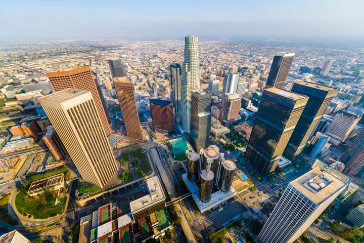 Aerial view of downtown skyscrapers in Los Angeles California