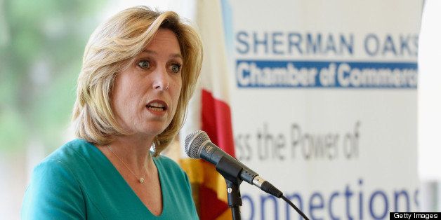 LOS ANGELES, CA - MAY 16: Los Angeles mayoral candidate and City Controller Wendy Greuel speaks at the Sherman Oaks Chamber of Commerce luncheon about job creation on May 16, 2013 in Los Angeles, California. The runoff election between Greuel and City Councilman Eric Garcetti , the top two finishers in the March 5 primary, is to take place May 21. (Photo by Kevork Djansezian/Getty Images)
