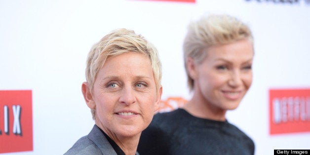 HOLLYWOOD, CA - APRIL 29: TV personality Ellen DeGeneres arrives at the TCL Chinese Theatre for the premiere of Netflix's 'A