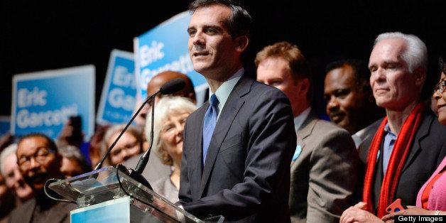 LOS ANGELES, CA - MAY 21: Candidate in the Los Angeles City mayoral race, Councilman Eric Garcetti speaks to supporters at an election night party at The Hollywood Palladium on May 21, 2013 in the Silver Lake area of Los Angeles, California. Early results suggest that Garcetti is leading against Los Angeles City Controller Wendy Greuel for the seat held by two-term Antonio Villaraigosa. (Photo by Kevork Djansezian/Getty Images)