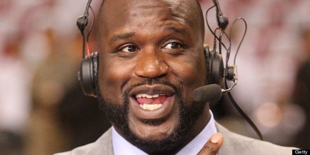MIAMI, FL - JUNE 20: Former NBA player Shaquille O'Neal has a laugh while on the set of NBA TV prior to Game Seven of the 2013 NBA Finals on June 20, 2013 at American Airlines Arena in Miami, Florida. NOTE TO USER: User expressly acknowledges and agrees that, by downloading and or using this photograph, User is consenting to the terms and conditions of the Getty Images License Agreement. Mandatory Copyright Notice: Copyright 2013 NBAE (Photo by Bruce Yeung/NBAE via Getty Images)